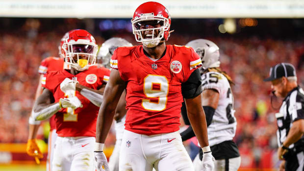 Kansas City Chiefs wide receiver JuJu Smith-Schuster yells in celebration